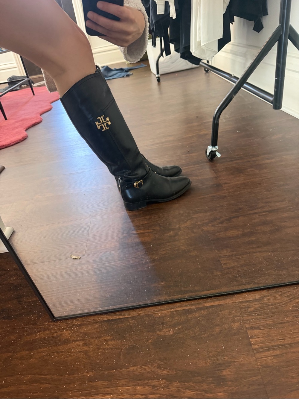 Tory Burch Black Leather Knee-High Boots with Gold Logo